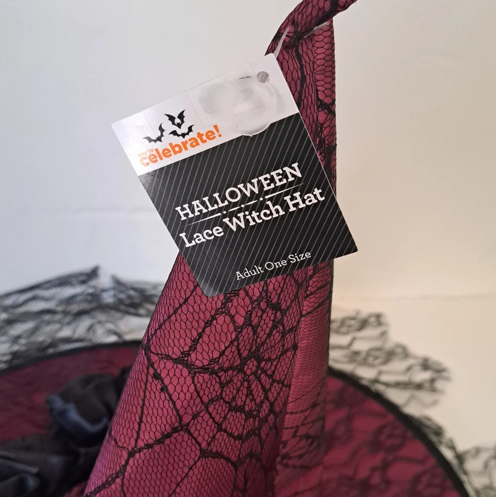 New Witch Hat Wide Brim Feathers Skull Veil Cap One Size Costume Burgundy Black